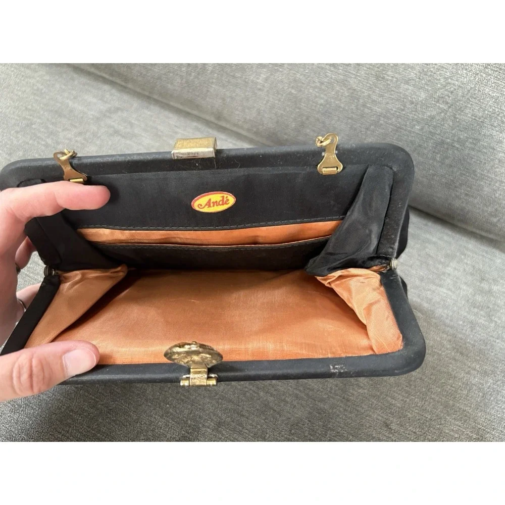 Vintage Andé Black‎ Satin Evening Clutch With Gold-Tone Chain Strap & Clasp